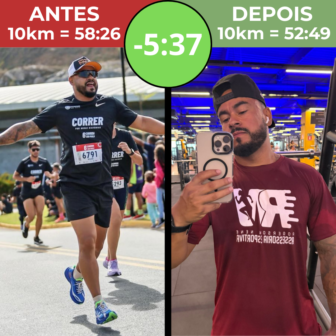 Resultado de aluno: melhora de cinco minutos e trinta e sete segundos nos 10 quilômetros